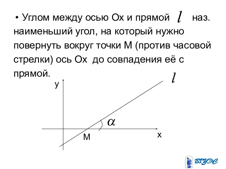 Углом между осью Ох и прямой наз. наименьший угол, на который