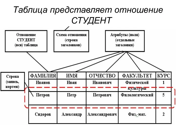 Таблица представляет отношение СТУДЕНТ