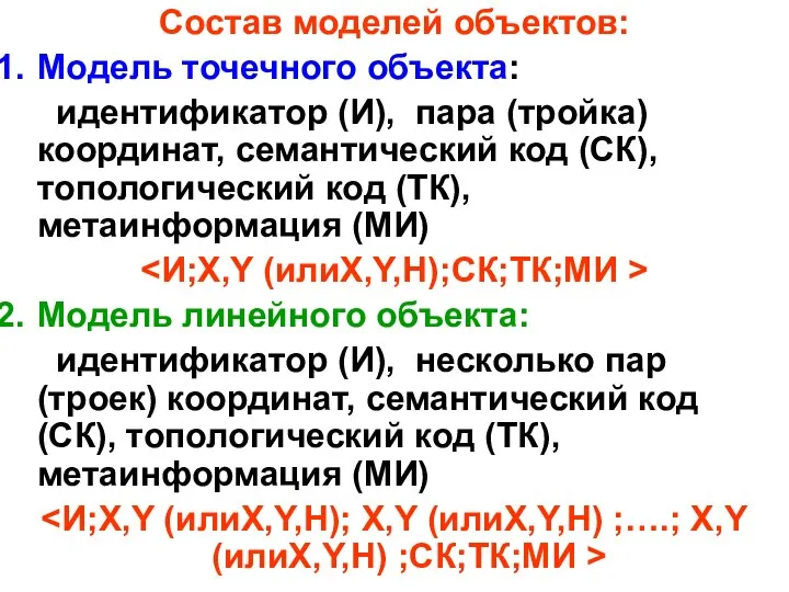 Состав моделей объектов: Модель точечного объекта: идентификатор (И), пара (тройка) координат,