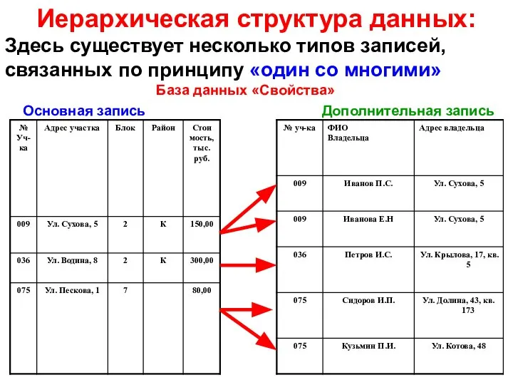 База данных «Свойства» Иерархическая структура данных: Здесь существует несколько типов записей,