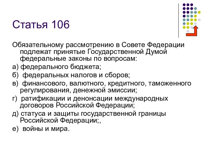 Статья 106 Обязательному рассмотрению в Совете Федерации подлежат принятые Государственной Думой