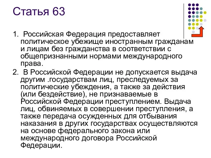 Статья 63 1. Российская Федерация предоставляет политическое убежище иностранным гражданам и