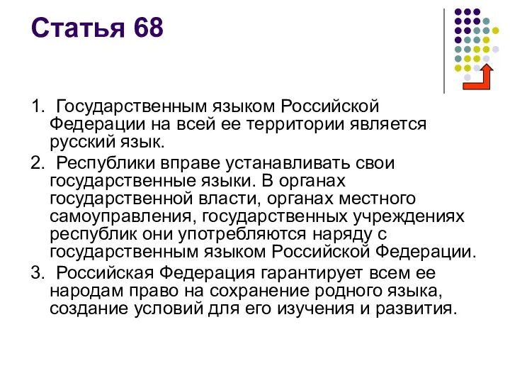 Статья 68 1. Государственным языком Российской Федерации на всей ее территории