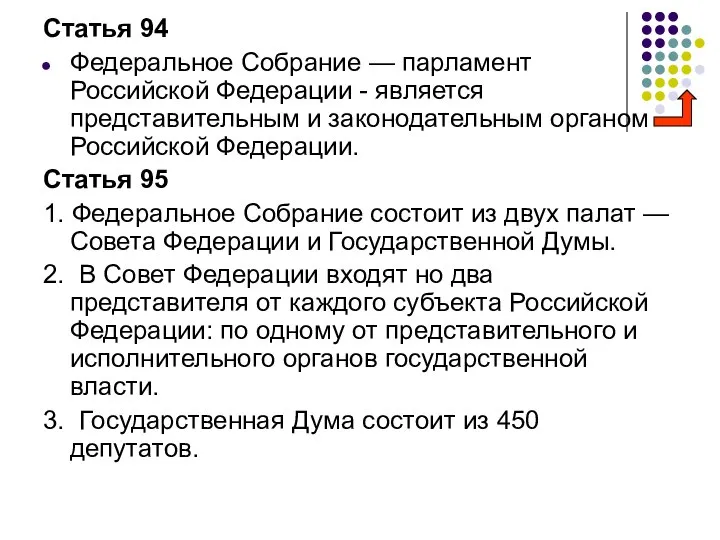 Статья 94 Федеральное Собрание — парламент Российской Федерации - является представительным