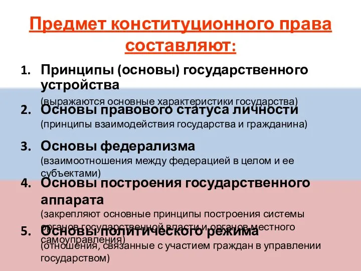 Предмет конституционного права составляют: 1. Принципы (основы) государственного устройства (выражаются основные