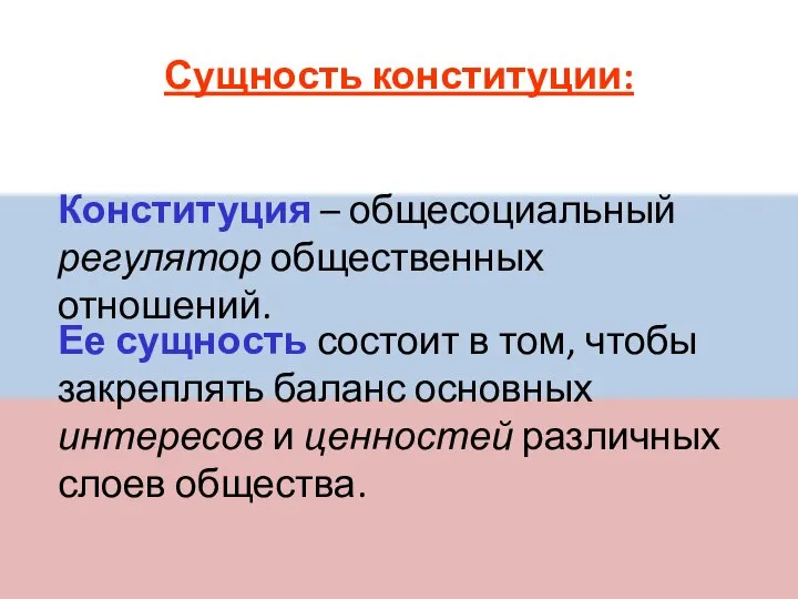 Сущность конституции: Конституция – общесоциальный регулятор общественных отношений. Ее сущность состоит