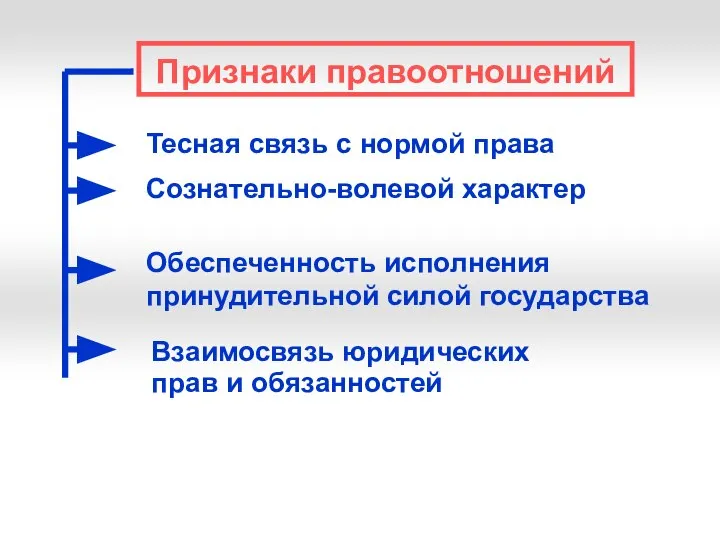 Признаки правоотношений Тесная связь с нормой права Сознательно-волевой характер Обеспеченность исполнения