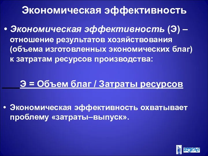 Экономическая эффективность (Э) – отношение результатов хозяйствования (объема изготовленных экономических благ)