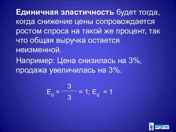 Единичная эластичность будет тогда, когда снижение цены сопровождается ростом спроса на