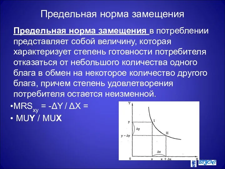 Предельная норма замещения Предельная норма замещения в потреблении представляет собой величину,