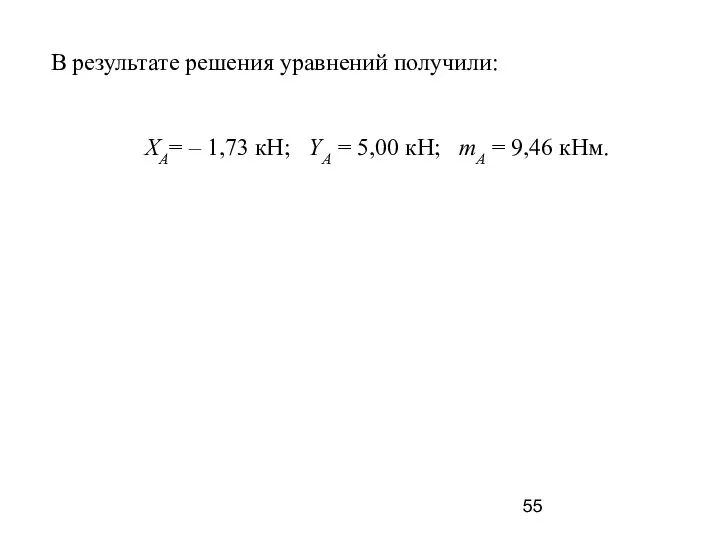 В результате решения уравнений получили: ХА= – 1,73 кН; YА =