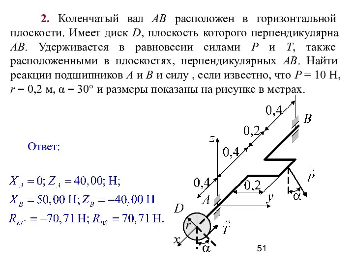 2. Коленчатый вал АВ расположен в горизонтальной плоскости. Имеет диск D,