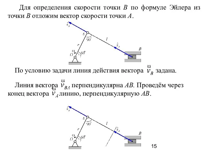 Для определения скорости точки В по формуле Эйлера из точки В отложим вектор скорости точки А.