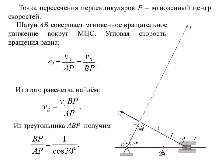 Точка пересечения перпендикуляров Р – мгновенный центр скоростей. Шатун АВ совершает