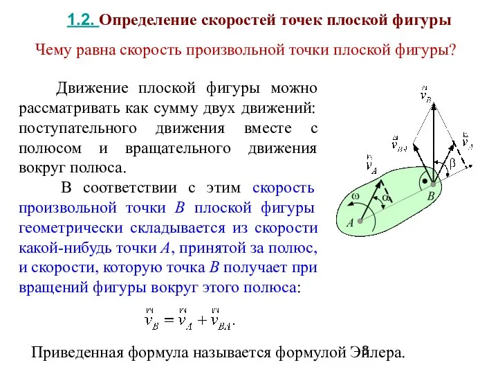 Движение плоской фигуры можно рассматривать как сумму двух движений: поступательного движения