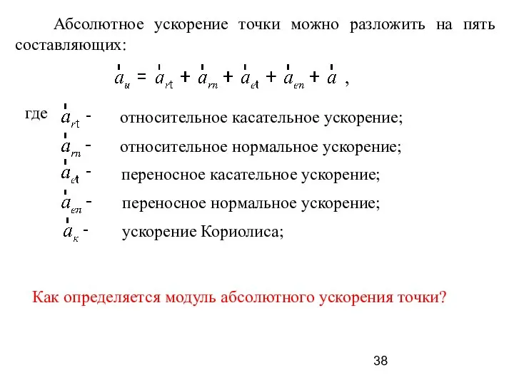 Абсолютное ускорение точки можно разложить на пять составляющих: Как определяется модуль абсолютного ускорения точки?