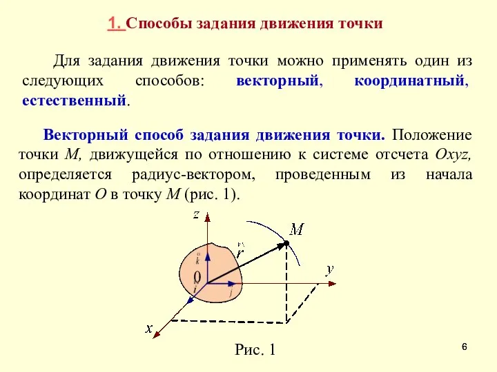 Для задания движения точки можно применять один из следующих способов: векторный,