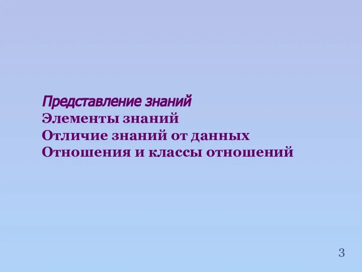 Представление знаний Элементы знаний Отличие знаний от данных Отношения и классы отношений 3