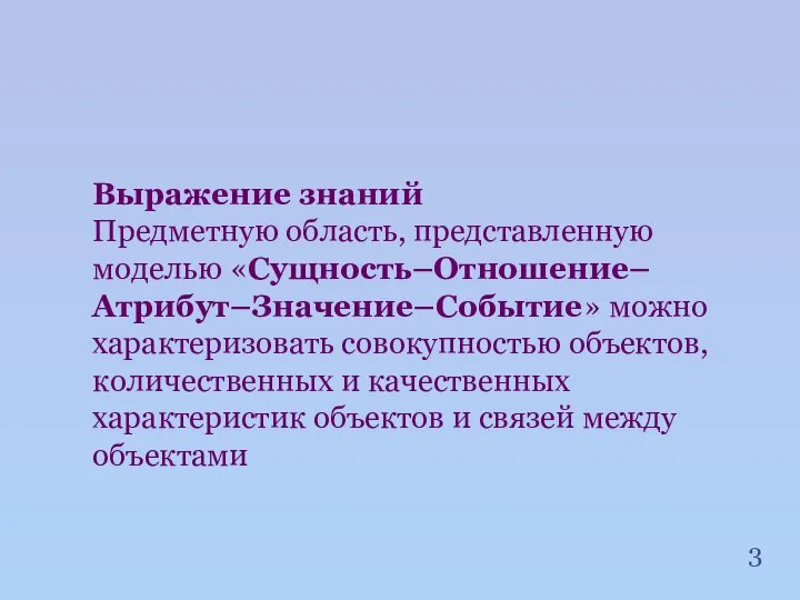 Выражение знаний Предметную область, представленную моделью «Сущность–Отношение–Атрибут–Значение–Событие» можно характеризовать совокупностью объектов,