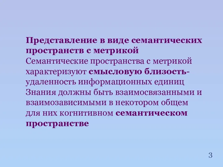 Представление в виде семантических пространств с метрикой Семантические пространства с метрикой