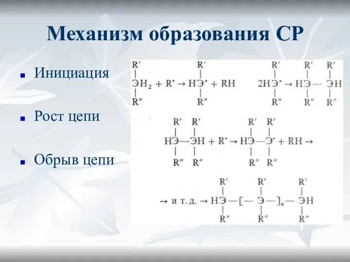 Механизм образования СР Инициация Рост цепи Обрыв цепи