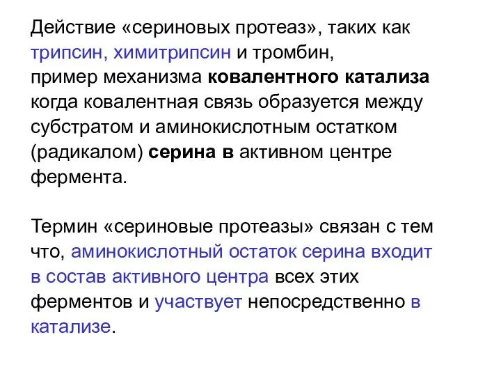 Действие «сериновых протеаз», таких как трипсин, химитрипсин и тромбин, пример механизма