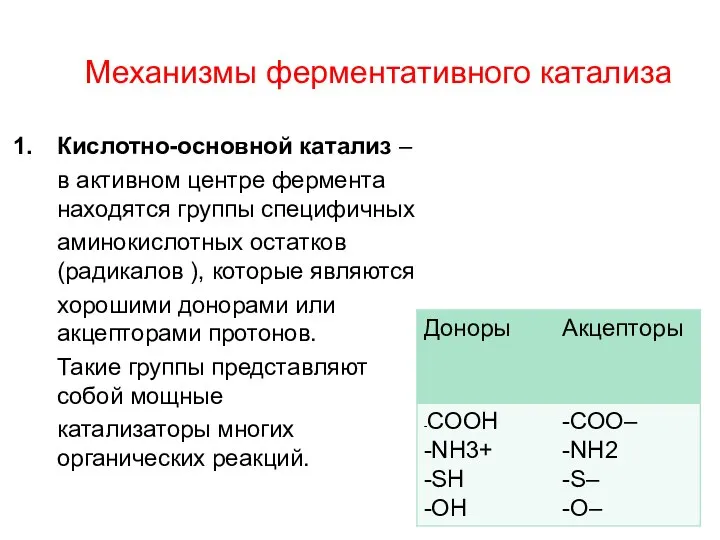 Механизмы ферментативного катализа Кислотно-основной катализ – в активном центре фермента находятся