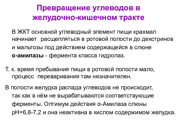 Превращение углеводов в желудочно-кишечном тракте В ЖКТ основной углеводный элемент пищи