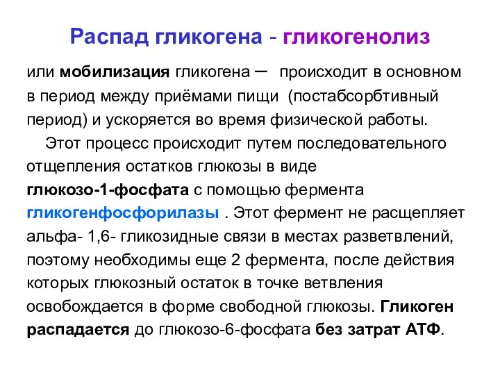 Распад гликогена - гликогенолиз или мобилизация гликогена – происходит в основном