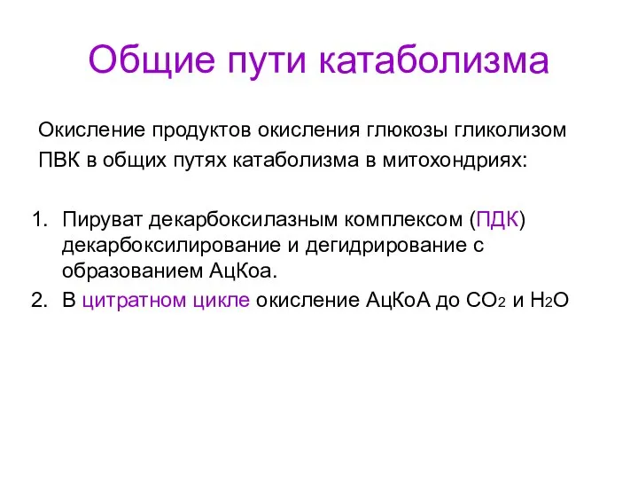 Общие пути катаболизма Окисление продуктов окисления глюкозы гликолизом ПВК в общих