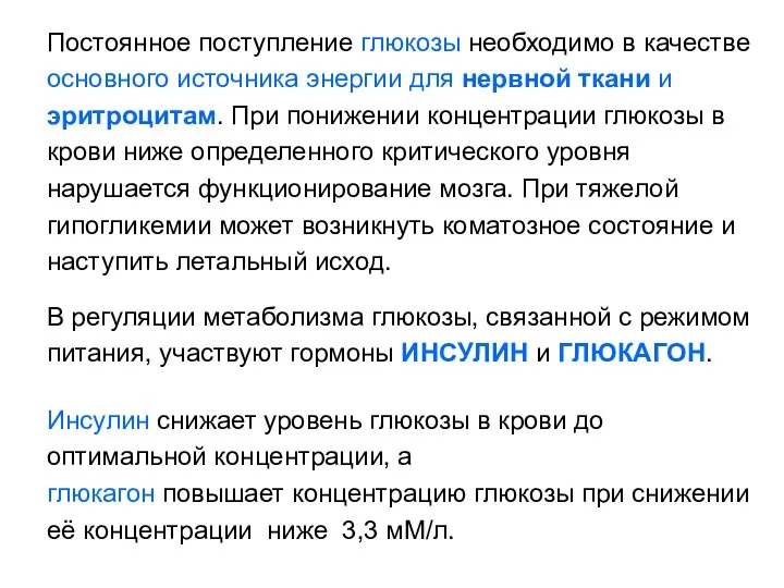 Постоянное поступление глюкозы необходимо в качестве основного источника энергии для нервной