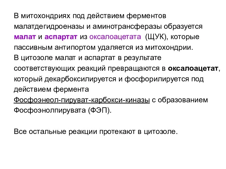 В митохондриях под действием ферментов малатдегидроеназы и аминотрансферазы образуется малат и