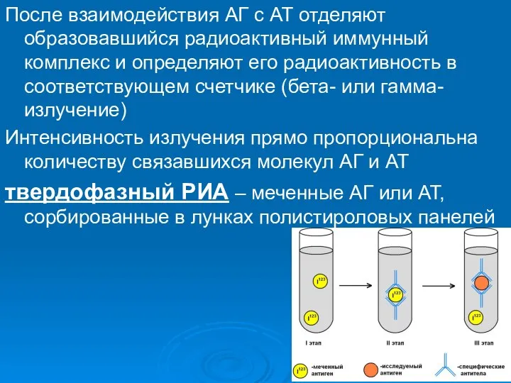 После взаимодействия АГ с АТ отделяют образовавшийся радиоактивный иммунный комплекс и