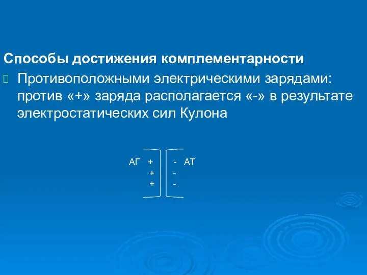 Способы достижения комплементарности Противоположными электрическими зарядами: против «+» заряда располагается «-»