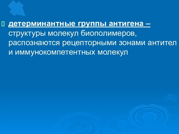 детерминантные группы антигена – структуры молекул биополимеров, распознаются рецепторными зонами антител и иммунокомпетентных молекул