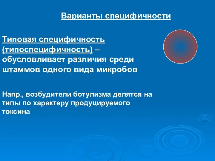 Варианты специфичности Типовая специфичность (типоспецифичность) – обусловливает различия среди штаммов одного