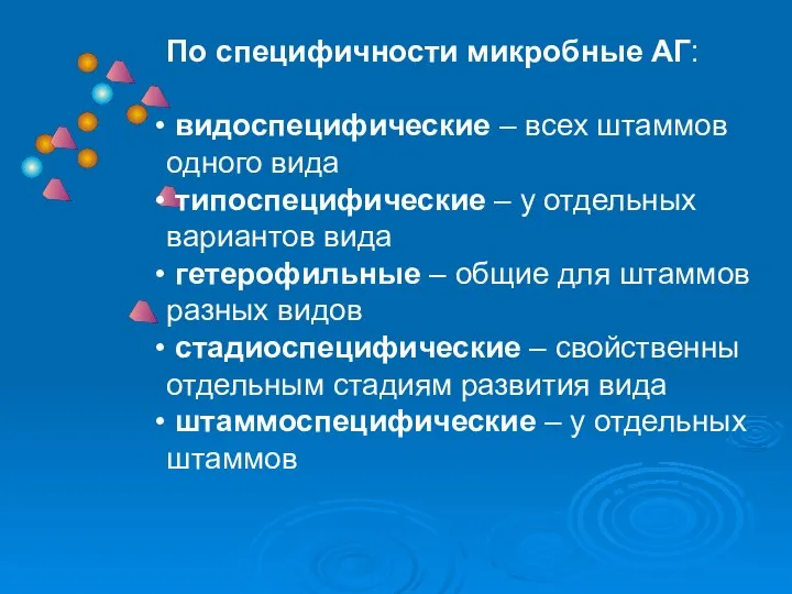 По специфичности микробные АГ: видоспецифические – всех штаммов одного вида типоспецифические