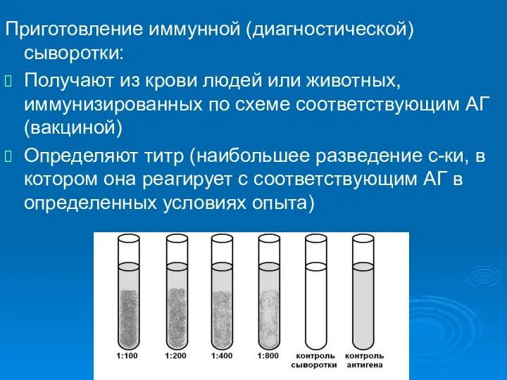 Приготовление иммунной (диагностической) сыворотки: Получают из крови людей или животных, иммунизированных