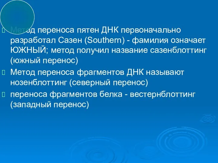 Метод переноса пятен ДНК первоначально разработал Сазен (Southern) - фамилия означает