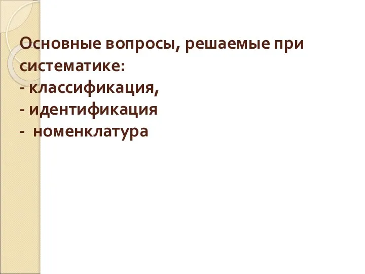 Основные вопросы, решаемые при систематике: - классификация, - идентификация - номенклатура