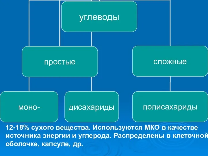 12-18% сухого вещества. Используются МКО в качестве источника энергии и углерода.