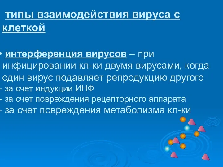 типы взаимодействия вируса с клеткой интерференция вирусов – при инфицировании кл-ки