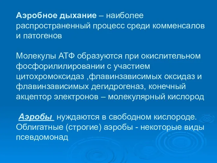 Аэробное дыхание – наиболее распространенный процесс среди комменсалов и патогенов Молекулы