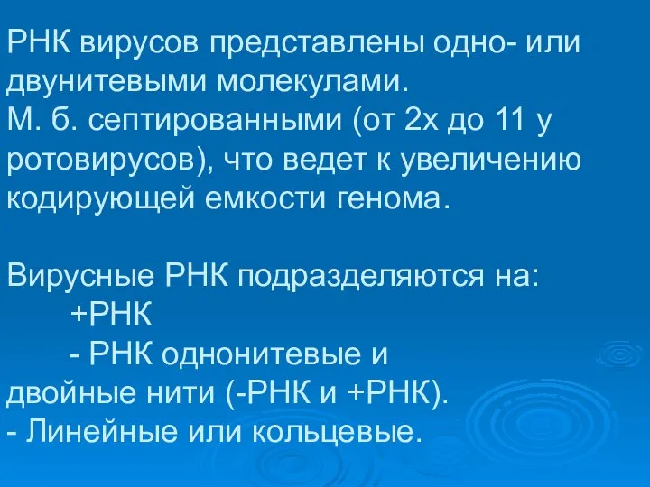 РНК вирусов представлены одно- или двунитевыми молекулами. М. б. септированными (от