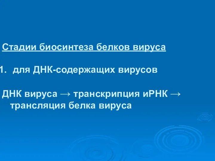 Стадии биосинтеза белков вируса для ДНК-содержащих вирусов ДНК вируса → транскрипция иРНК → трансляция белка вируса