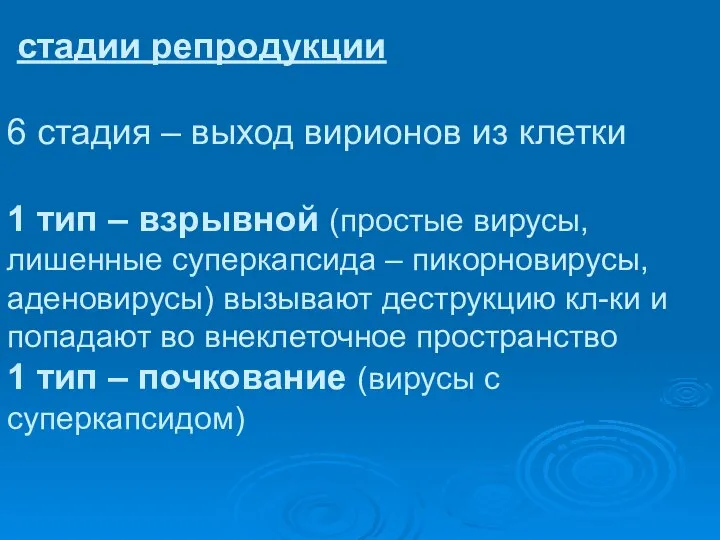 стадии репродукции 6 стадия – выход вирионов из клетки 1 тип