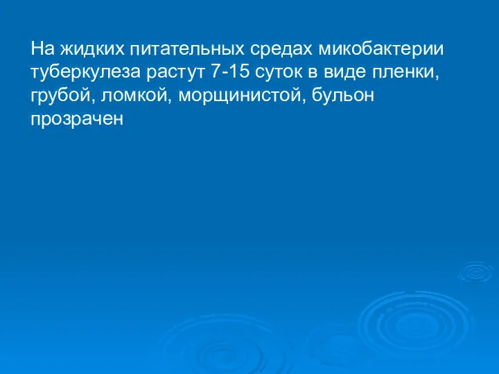 На жидких питательных средах микобактерии туберкулеза растут 7-15 суток в виде