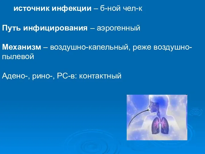 источник инфекции – б-ной чел-к Путь инфицирования – аэрогенный Механизм –