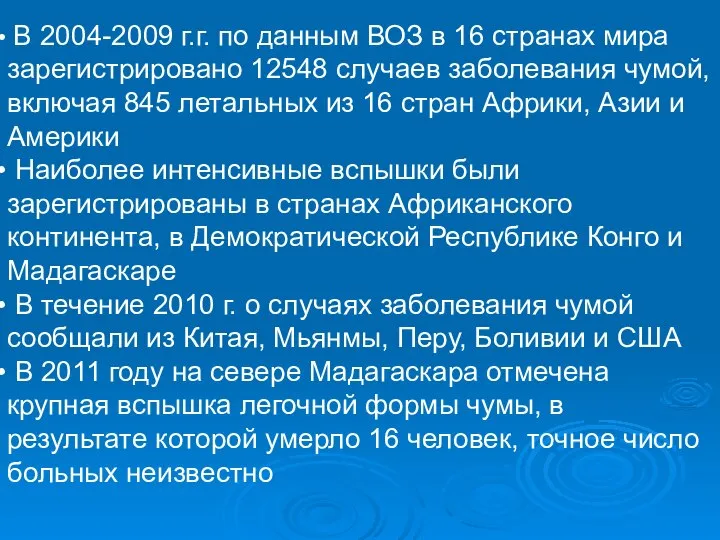 В 2004-2009 г.г. по данным ВОЗ в 16 странах мира зарегистрировано