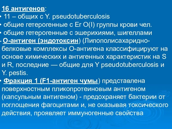 16 антигенов: 11 – общих с Y. pseudotuberculosis общие гетерогенные с